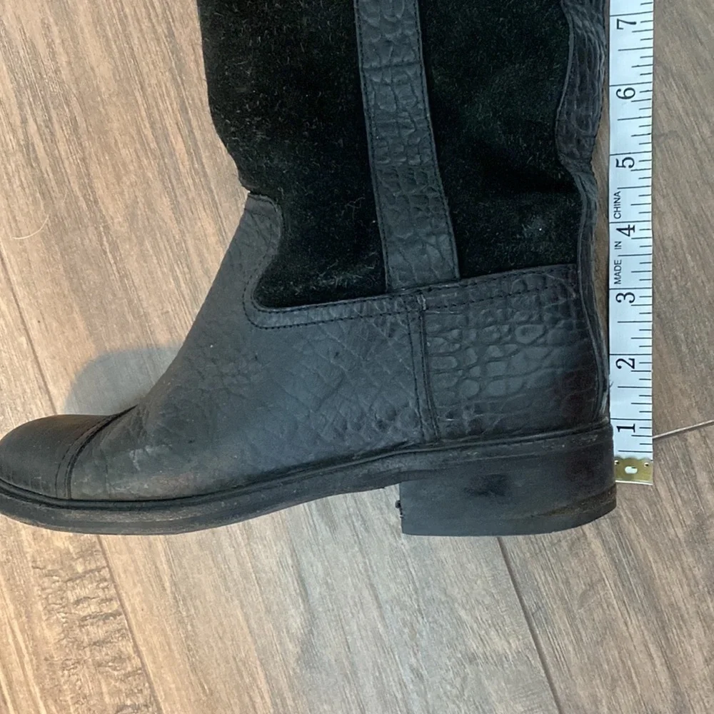 Tory Burch Moto Riding Mid Calf Pebbled Leather Boot